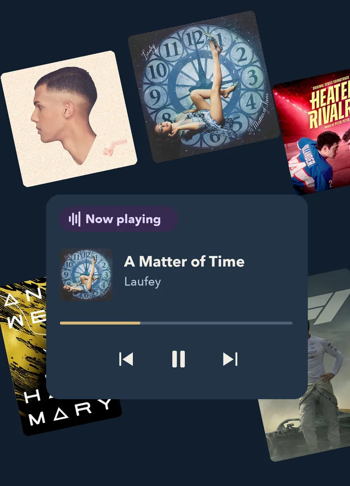 Icarus now-playing controls over a collage of album art and posters